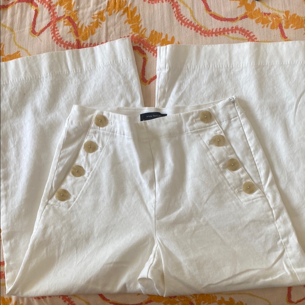Ann Taylor Cream Button-Accent Trousers